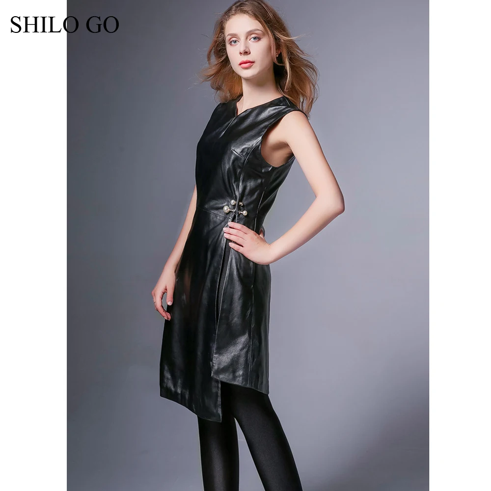 Платье SHILO GO из натуральной овчины Осеннее модное платье с треугольным вырезом
