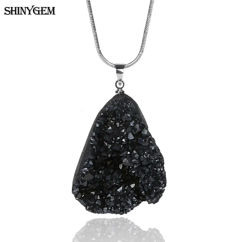 ShinyGem ожерелье с подвеской "сделай сам" с искусственным опалом, ожерелье с большим минеральным кристаллом друзы, 8 цветов, колье с натуральным камнем для женщин - Окраска металла: Black