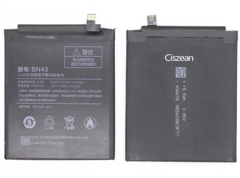 Ciszean 5 шт. 4000/4100 мАч BN43 Сменный аккумулятор для Xiaomi Redrice Redmi Note 4X аккумулятор|batteries