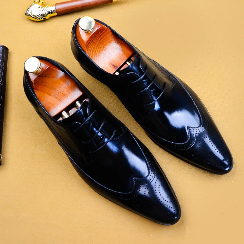 

2019 Spring Trend Leather Formal Men Dress Genuine Leather Shoes Lace Up Brogue Shoes Flats Oxfords For Men