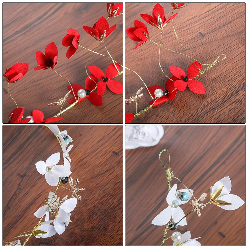 

Haimeikang Romantic Bridal Hair band Tiara Beautiful Red Pearl Cloth Flower Crown Wedding Dress Hair Accessories Spring Headwear