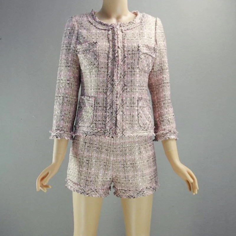 Розовый Бронзовый Золотой твидовый пиджак + шорты/юбка костюм весна/осень/зима