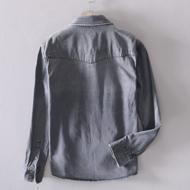 Мужская джинсовая рубашка серая однотонная Повседневная с длинным рукавом в