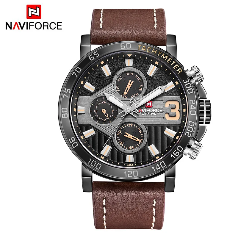 Black Brown Лучший бренд класса люкс NAVIFORCE часы мужские модные кожаные кварцевые часы с 6 циферблатами повседневные спортивные мужские наручные часы Montre Homme - Цвет: Black Brown
