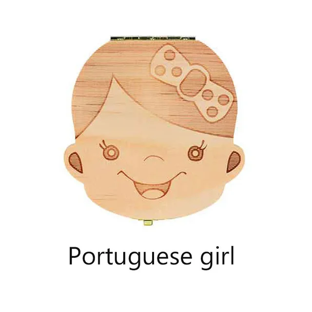 Portuguese girl Зубная коробка Испанский/английский/голландский/Португальский/французский/Польша/Детская деревянная коробка для зубов органайзер для хранения молочных зубов - Цвет: Portuguese girl