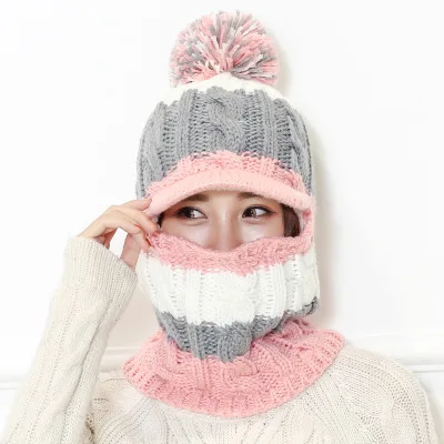 pink 2 BINGYUANHAOXUAN, теплая вязаная шапка, Меховая кепка с помпонами, маска, зимняя женская шапка, шерстяная шапка Skullies, Женская Балаклава, сакрф, 25 цветов - Цвет: pink 2