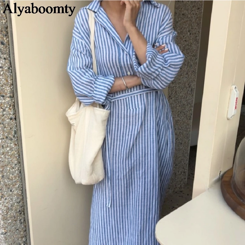 Корейский стиль весна осень женское платье рубашка винтажное негабаритное