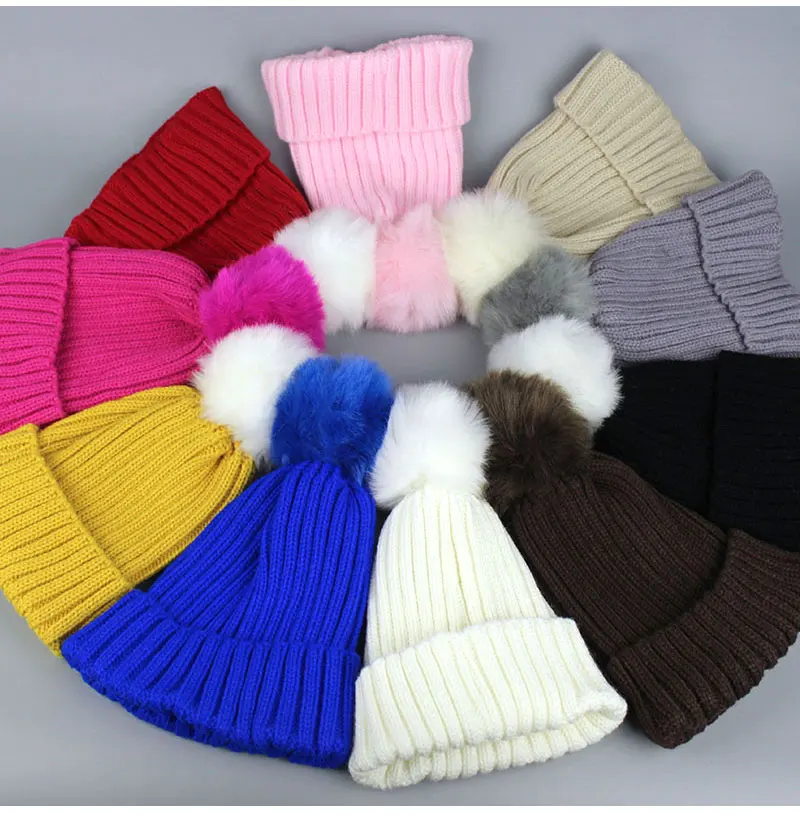 Меховая шапка с помпоном, зимняя шапка для мужчин, Skullies Beanies, женская теплая шапка, эластичная вязаная шапка, детские меховые шапки с помпонами для девочек и мальчиков