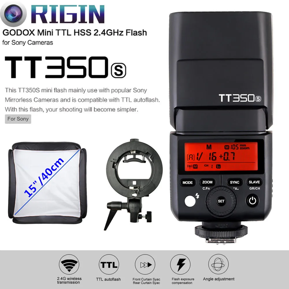 Godox Мини Вспышка Bulit-in 2,4G Беспроводная X система ttl TT350S высокая скорость 1/8000 s GN36+ s-тип кронштейн+ софтбокс комплект для Sony