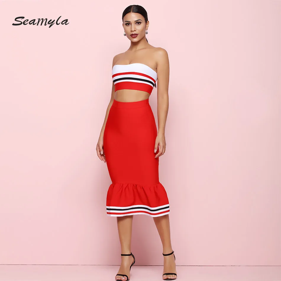 Seamyla новые модные красные комплекты из двух предметов Для женщин Sexy бретелек Bodcyon