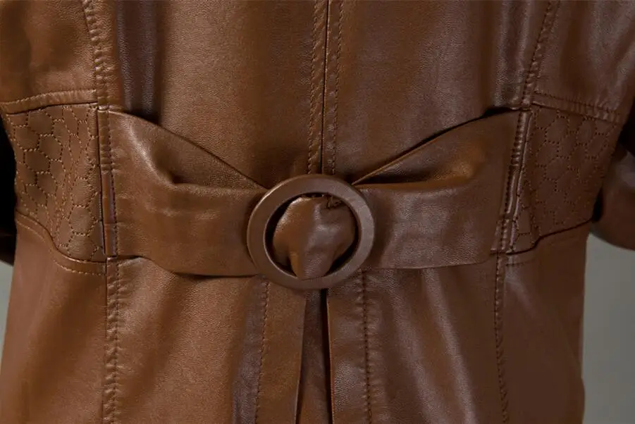 Женское кожаное пальто длинная приталенная кожаная куртка большого размера на