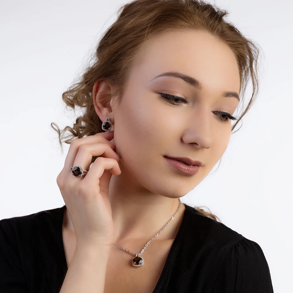 Серьги и кольцо из серебра 925 пробы с натуральным дымчатым кварцем|jewelry sets|fine