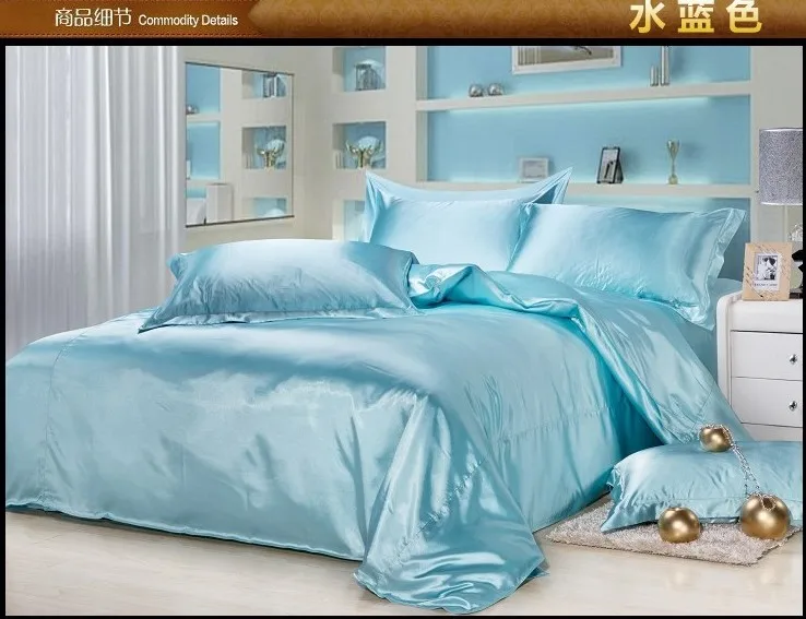 Роскошный Аква синий атласный Шелковый комплект постельного белья Королева