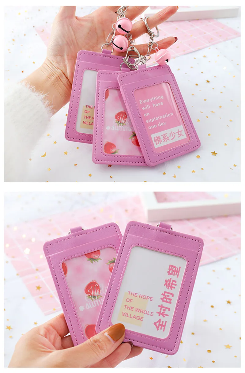 Pink Girl ID Card Holder PU Wallet With Small Bell Student Bus Card Set Cover Women Holder Bags Travel Accessories