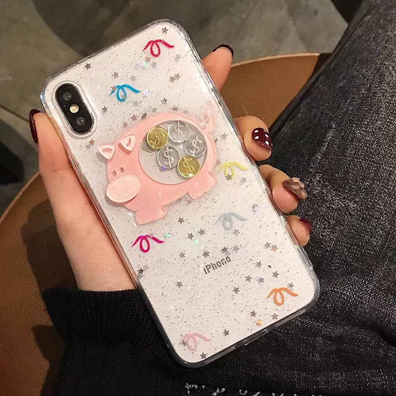 New Cartoon Piggy Bank Glitter Star Case for iPhone X XS Max XR Transparent Soft Silicon Cover 8 7 6S plus Capa Coque |
