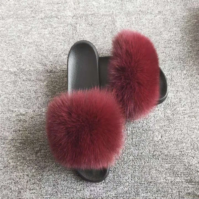 fox hair Женские шлепанцы с натуральным лисьим мехом; меховые летние пляжные шлепанцы; пляжные сандалии; шлепанцы без задника на плоской подошве; женская уличная обувь с пушистой лисой - Цвет: fox hair
