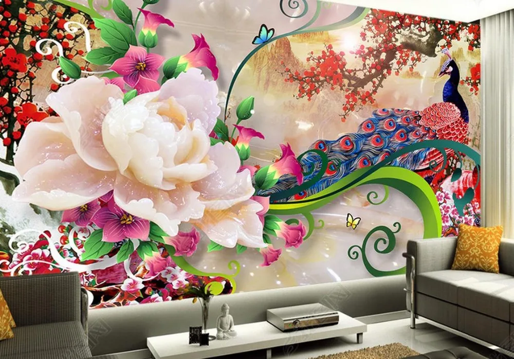 3d обои для гостиной на заказ Роскошная настенная бумага резьба по нефриту пион