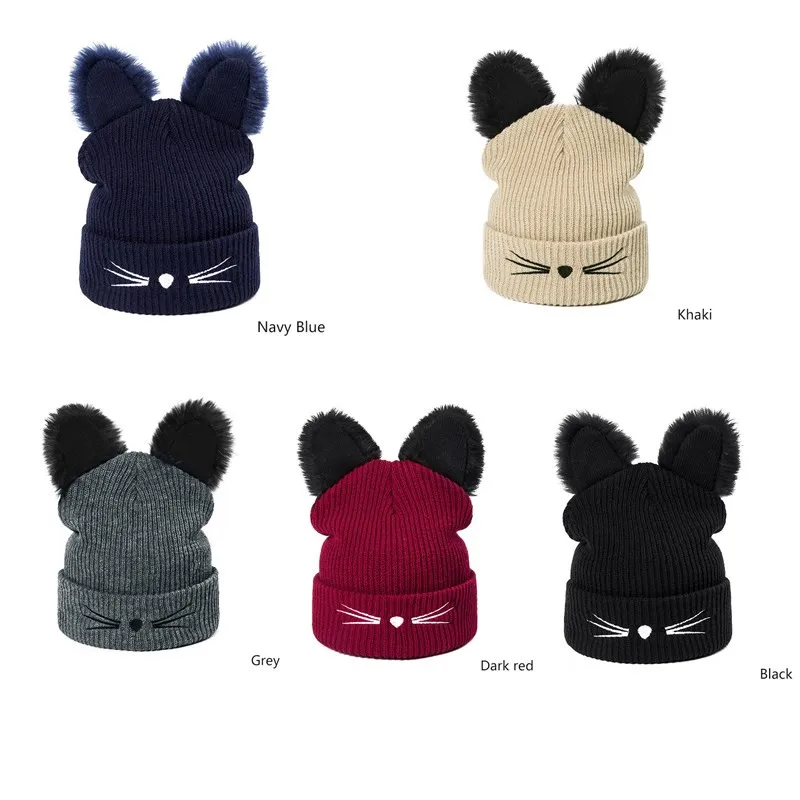 Зимняя женская Повседневная шапка с котом, теплая мягкая шапка Skullies Beanies, крутая Кепка для женщин, Кепка для мальчиков и девочек