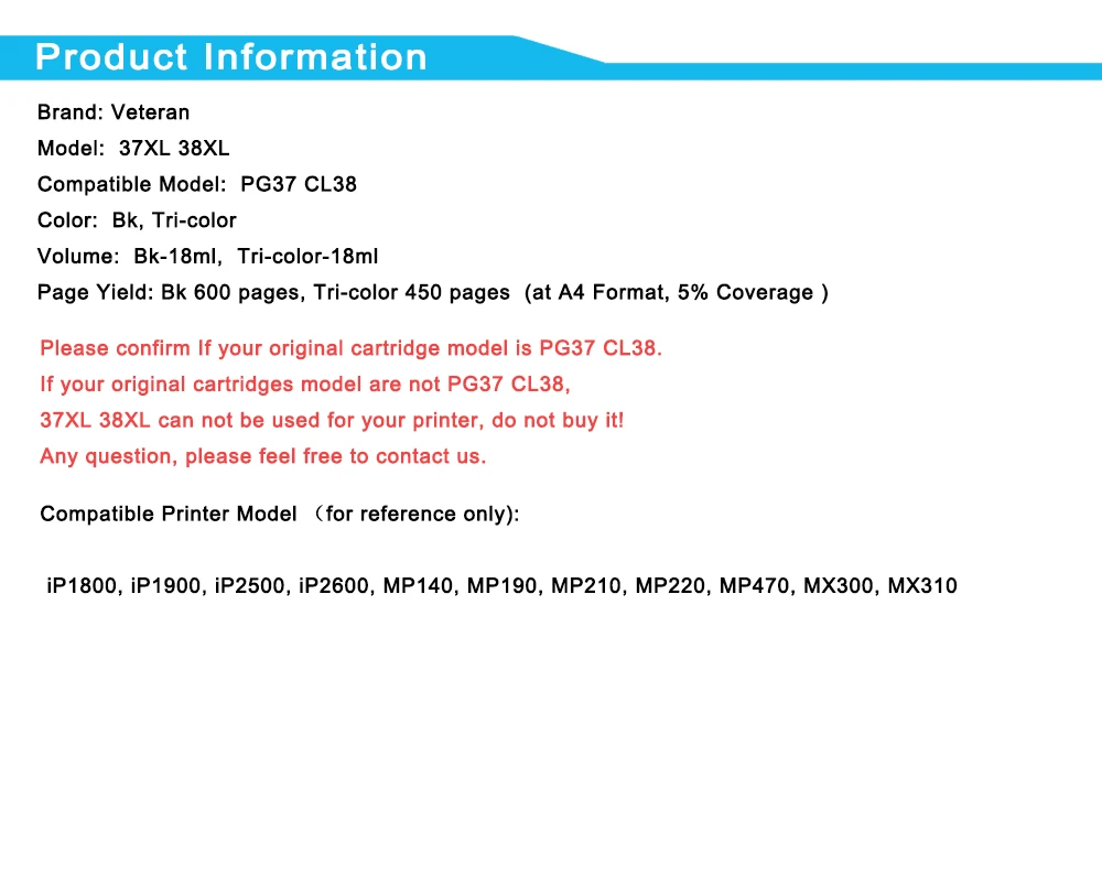 Чернильный картридж для Canon PG-37 CL-38 PG37 CL38 совместим с Pixma MP190 IP2600 MP140 MP210 MP420 IP1800 MX300 |