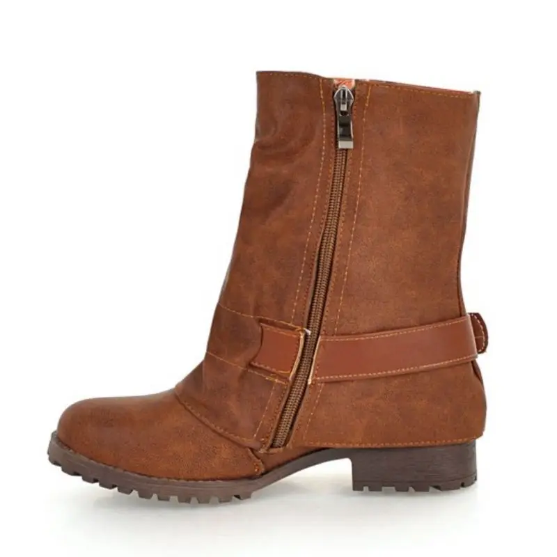 TAOFFEN Size 33-43 Women Mid Calf Boots Flats Winter Shoes Ladies Short Buckle Botas Vintage Flock Footwear | Обувь