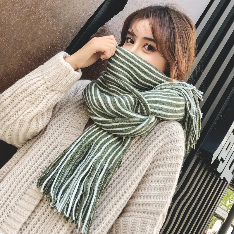 Зимний длинный шарф смешанных цветов универсальный теплый толстый полосатый