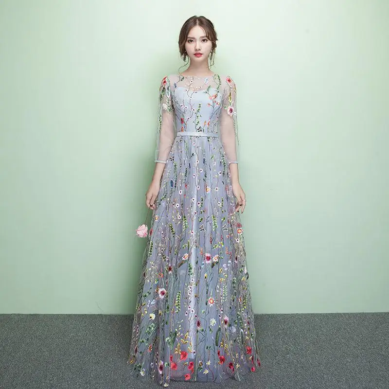 Черное цветочное кружево с принтом платье Чонсам женское атласное Qipao Макси элегантные вечерние платья Изысканный удлиненный полурукав Vestidos - Цвет: Grey