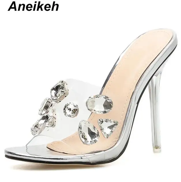 silver Aneikeh/ г. Летние римские шлепанцы из искусственной кожи для отдыха женские прозрачные туфли с круглым носком на тонком высоком каблуке цвета шампанского, серебристого цвета, размеры 35-40 - Цвет: silver