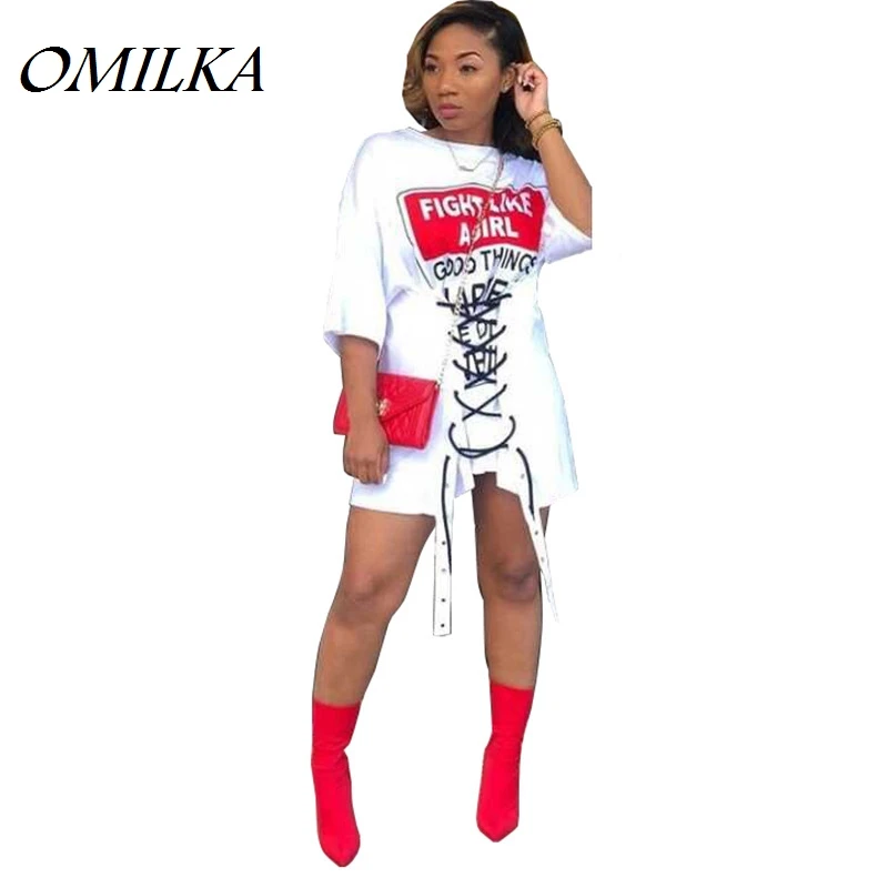 OMILKA 2018 Summer Women Half Sleeve O Neck Letter Printed Bandage T Shirt Casual Loose White Harajuku Hip Hop Tops Tees | Женская