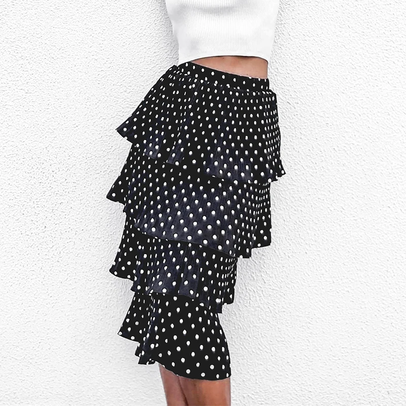 Polka Dot Multi-layer Stretch Women Skirts High Waist A-line Pleated White Ladies Midi Skirt Summer Style Casual Ruffles | Женская