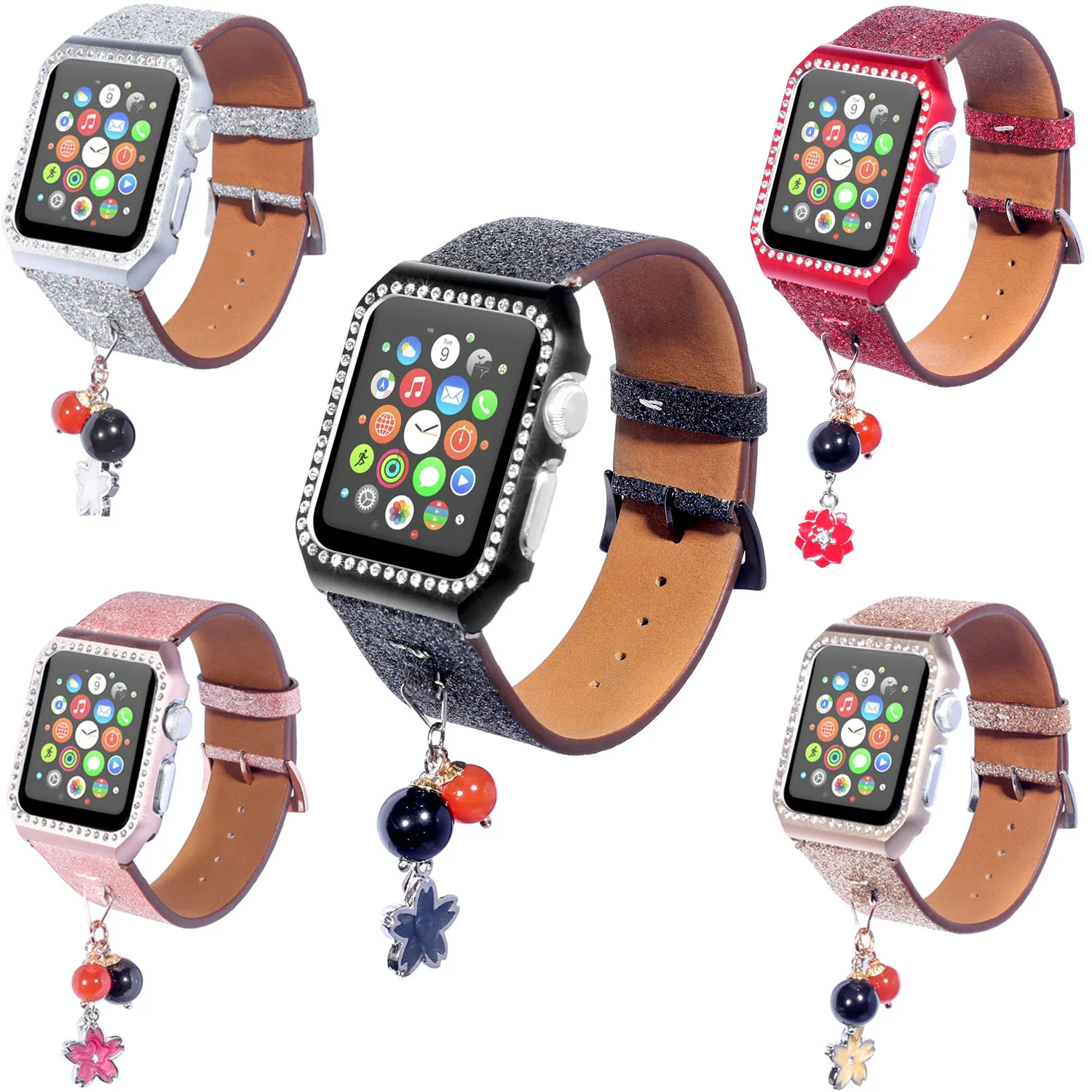 

Сменный ремешок для часов Apple Watch Band Series 1/2/3, блестящие кожаные ремешки для часов, блестящий металлический чехол со стразами для iWatch