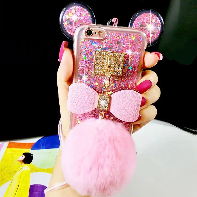 For iphone 6 6s 7 plus 6+ Korea Glitter Flake Soft Bow Pompom Fur Ball Lanyard Strap diamond Rhinestones case cover |