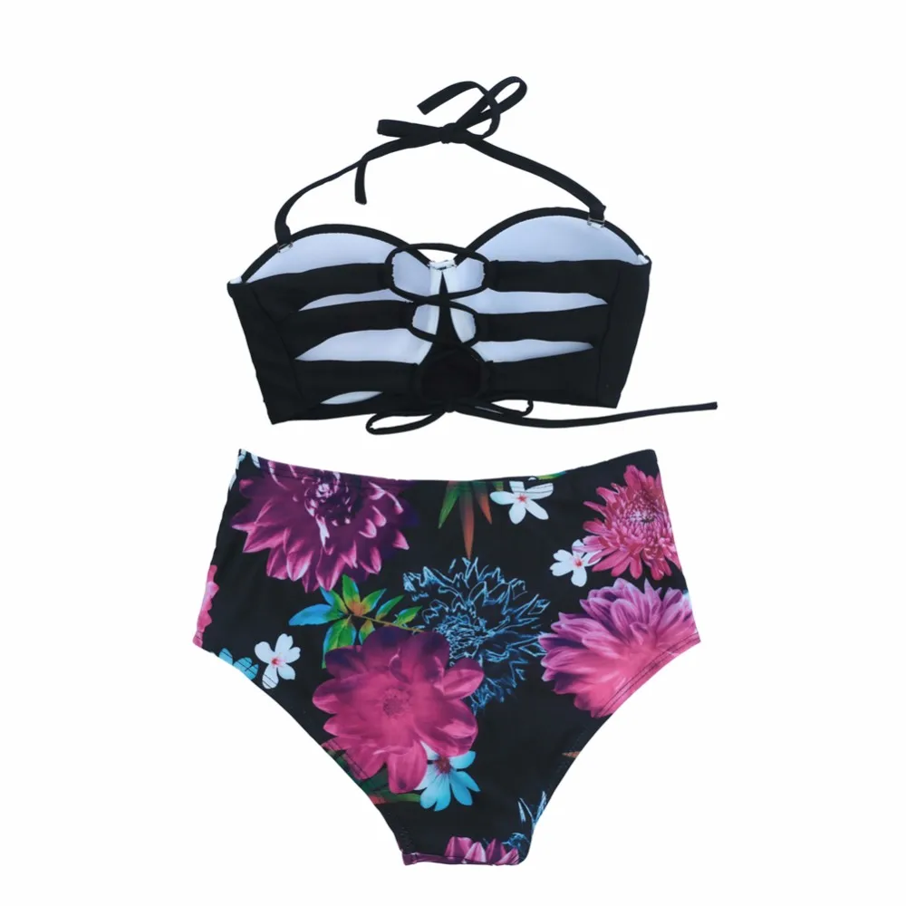 2017 High Waist Floral Print Bikini Set Women Sexy Halter Beach Bathing Suit Swimwear |