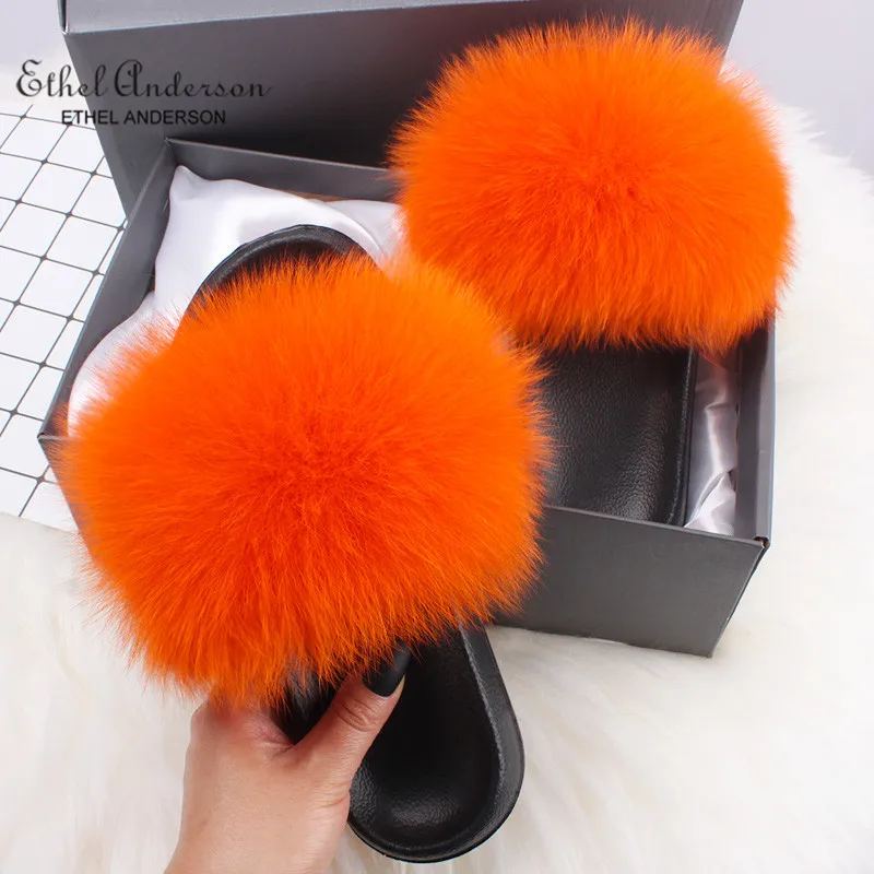 Orange Fox Fur Ethel Anderson/Шлепанцы из натурального Лисьего меха; женские Вьетнамки; летние пляжные сандалии-шлепанцы с лисьим мехом; женская обувь; большие размеры - Цвет: Orange Fox Fur