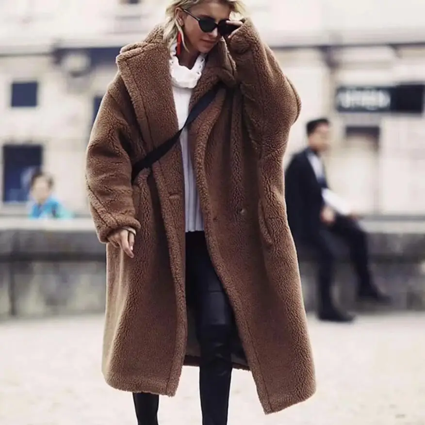 Зимнее модное женское теплое длинное шерстяное пальто из овечьей шерсти с длинным рукавом и отложным воротником