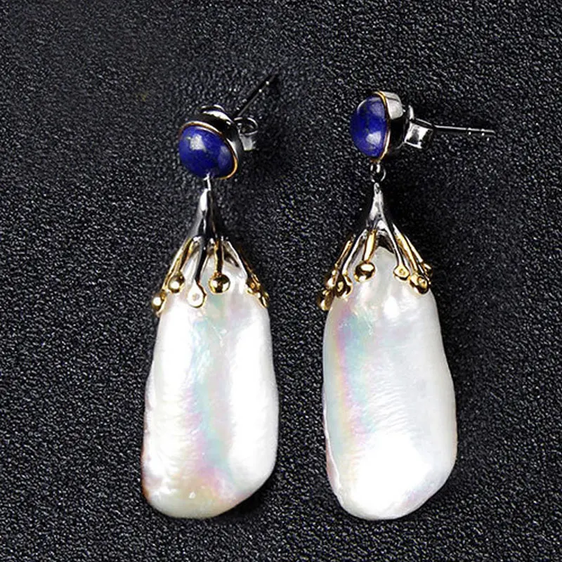 RADHORS Earring Genuine 925 Sterling Silver inlay 100% Natural Baroque pearl lapis earring Female luxurious Jewelry | Украшения и