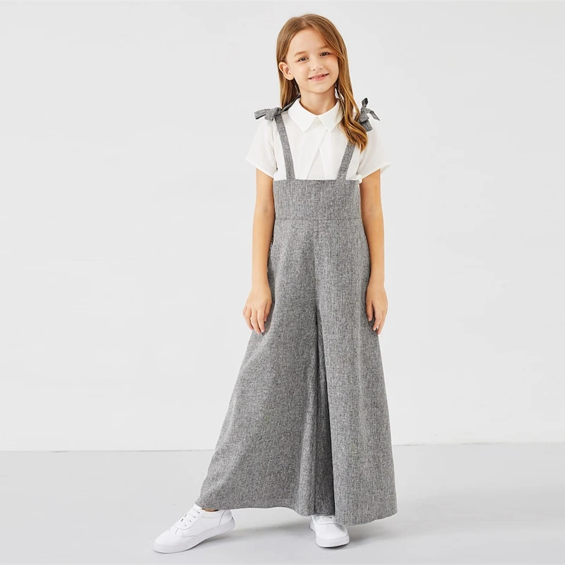 SHEIN Kiddie серый повседневный комбинезон на молнии с бантом на спине для девочек весенний комбинезон без рукавов с высокой талией и расклешенными штанинами