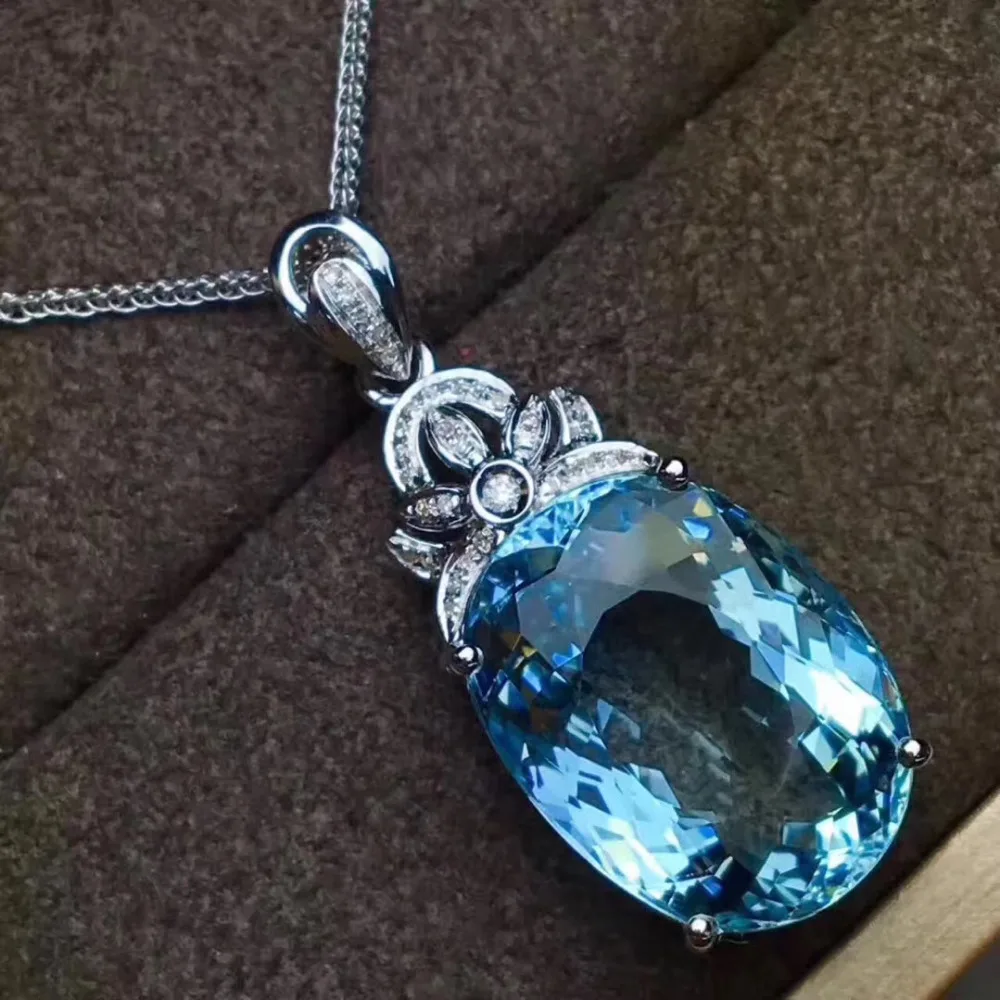 

natural blue 12*16mm topaz gem Pendant natural gemstone pendant necklace 925 sterling silver Fashion round girl gift jewelery