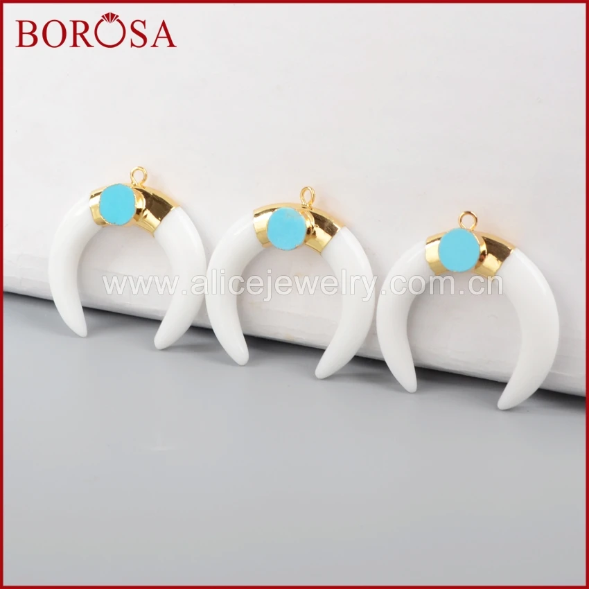 

BOROSA New arrival 5pcs Gold Color White Crystal Druzy Crescent Double Horn Charm With 8mm Greenish Sky Blue Stone G0937