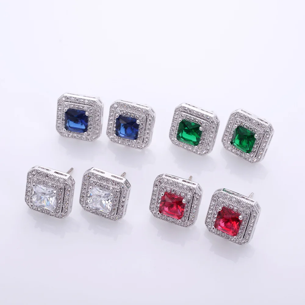 Квадратные серьги из серебра 925 пробы голубые зеленые красные модные циркониевые
