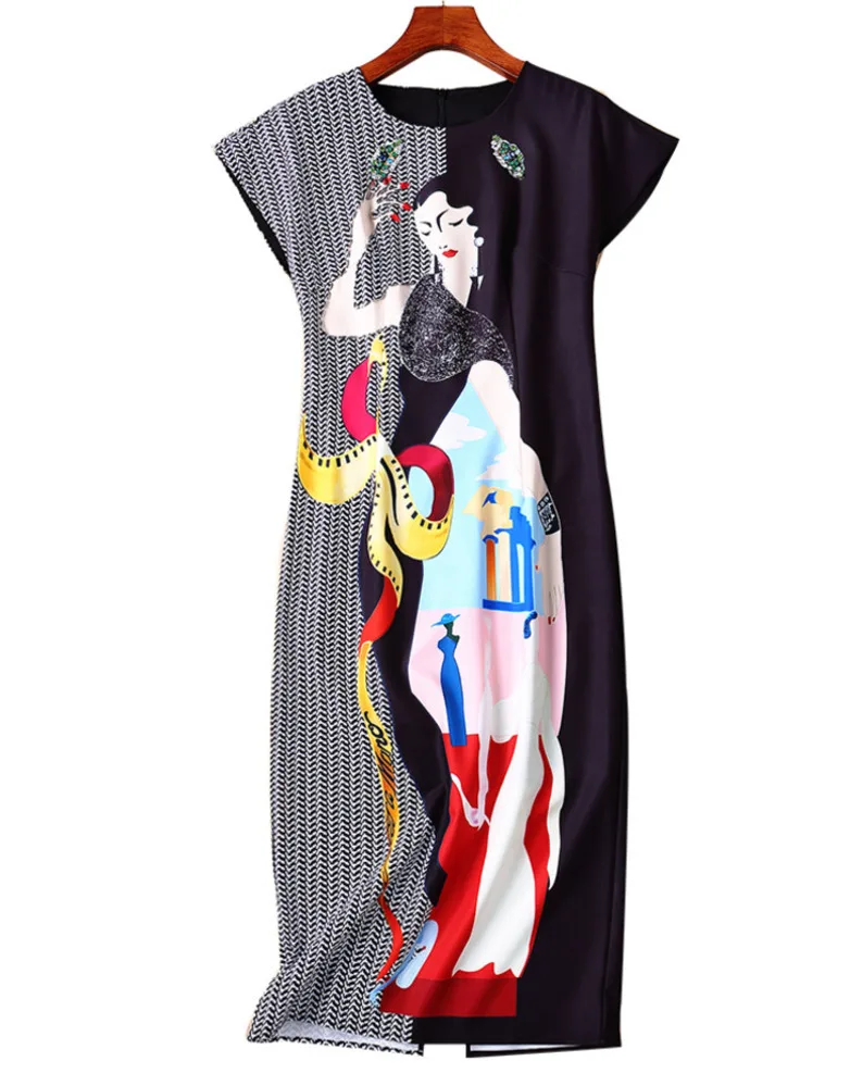 

Celebrity 2021 Runway Summer Dress Women Beading Short Sleeve Vintage Abstract Beauty Printing Split Bodycon Dress Office Ladies
