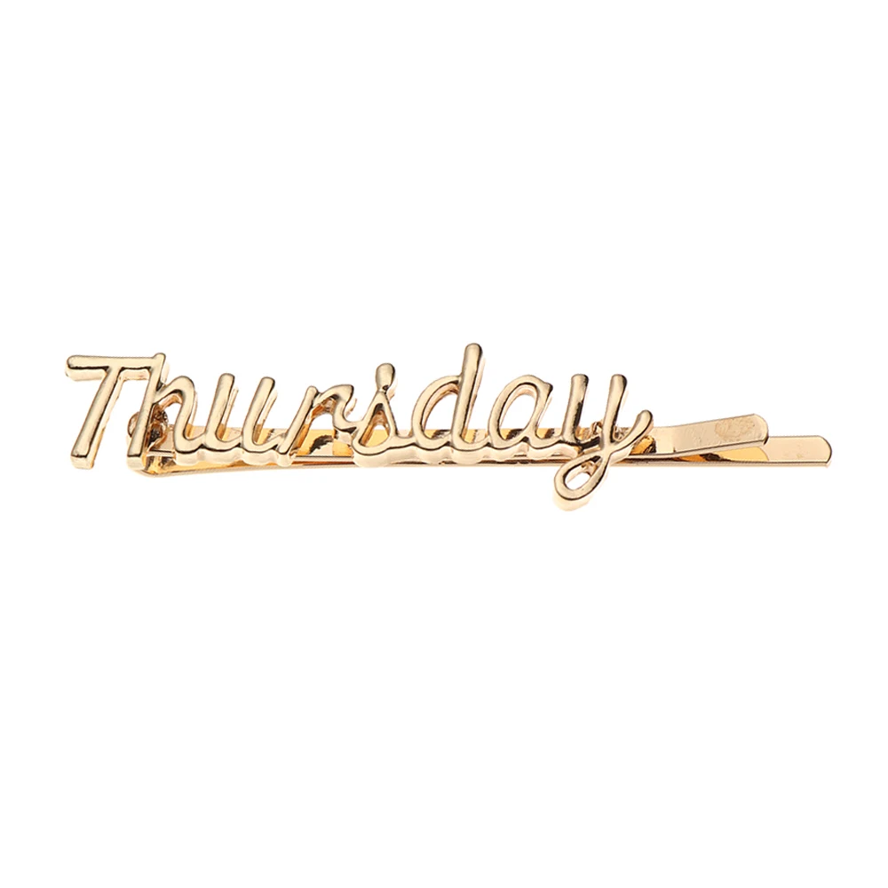 Thursday 1 шт. Модные Винтажные золотые металлические заколки для волос для девочек с буквенным принтом, заколки для волос, подарок - Цвет: Thursday