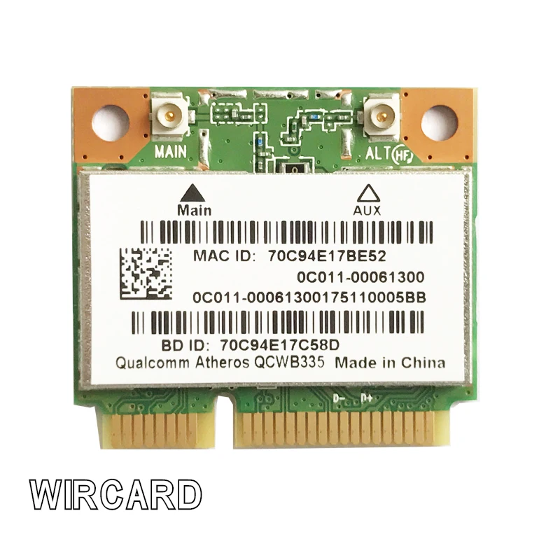 WIRCARD для AR9565 QCWB335 802.11N 150 Мбит/с Half Mini PCIe Wi-Fi беспроводная карта BT 4,0