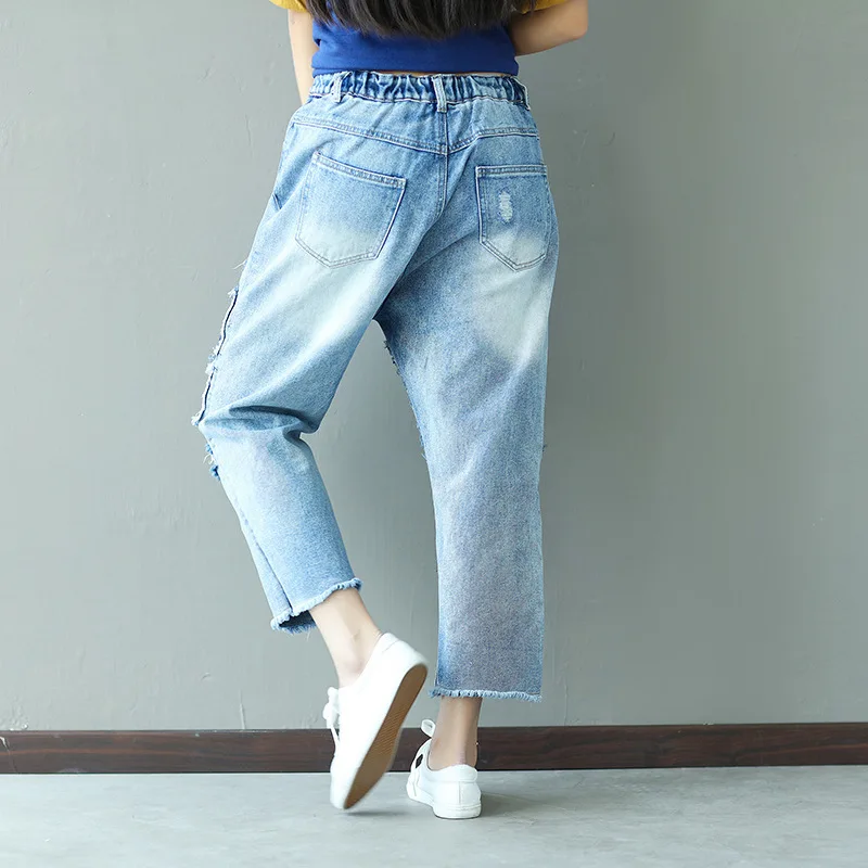 ripped jeans for women personality patchwork denim trousers harem pants plus size loose printed cotton washed retro streetwear |