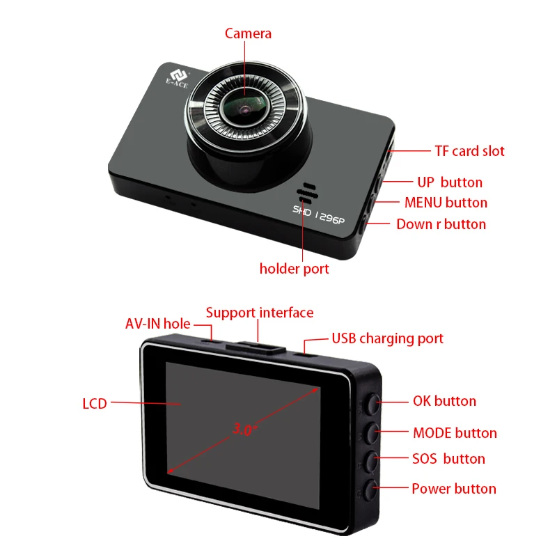 E-ACE мини Dash Camara видео цифровой видеорегистратор для автомобиля Voice Contro Full HD 1296 P 3 0