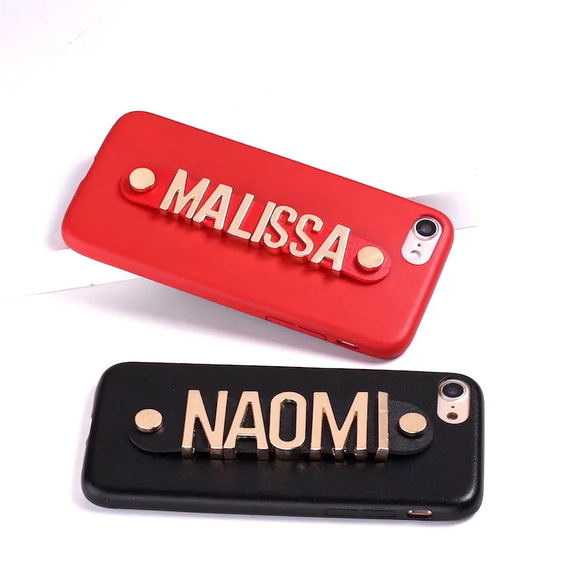 leather gold metal luxury bold custom name text phone case coque fundas for iphone 13 12 11 pro xs max xr 7 7plus 8 8plus x free global shipping