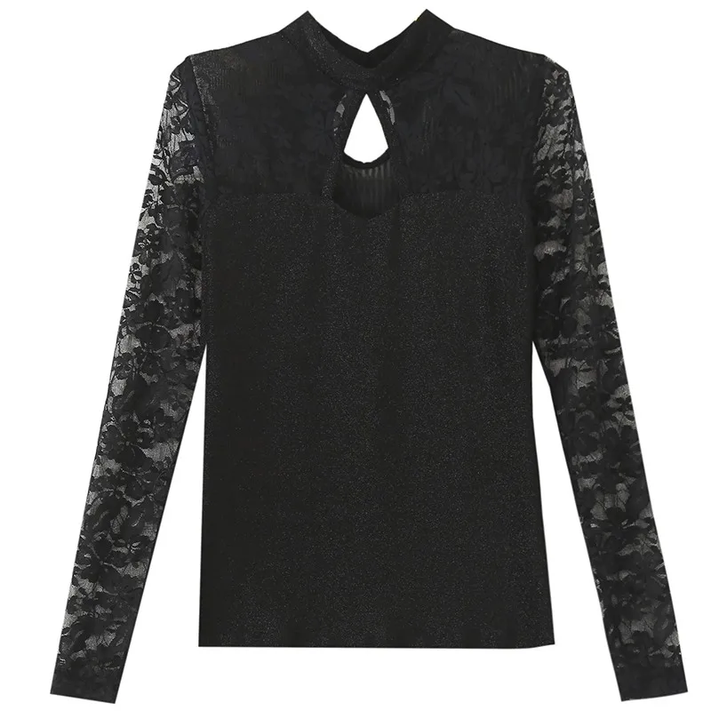 Black t-shirt Весна, сексуальная женская футболка, кружевная вышивка, прозрачные тонкие эластичные топы, пэчворк, открытая, длинный рукав, S-3XL, T92491 - Цвет: Black t-shirt