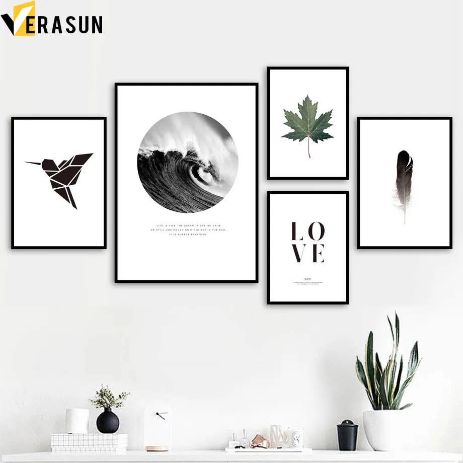 Птица перо листья любовь морская волна скандинавские постеры и принты настенная