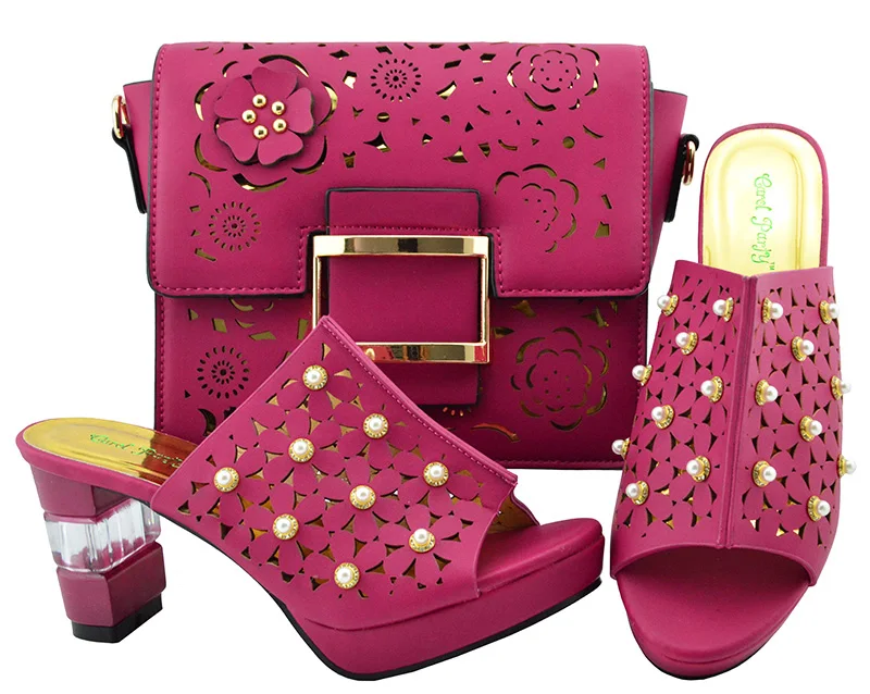 

Matching Shoes and Bag Set Fuchsia Color Italian Ladies Shoe and Bag Set Decorated with Rhinestone African Party Shoes YM007