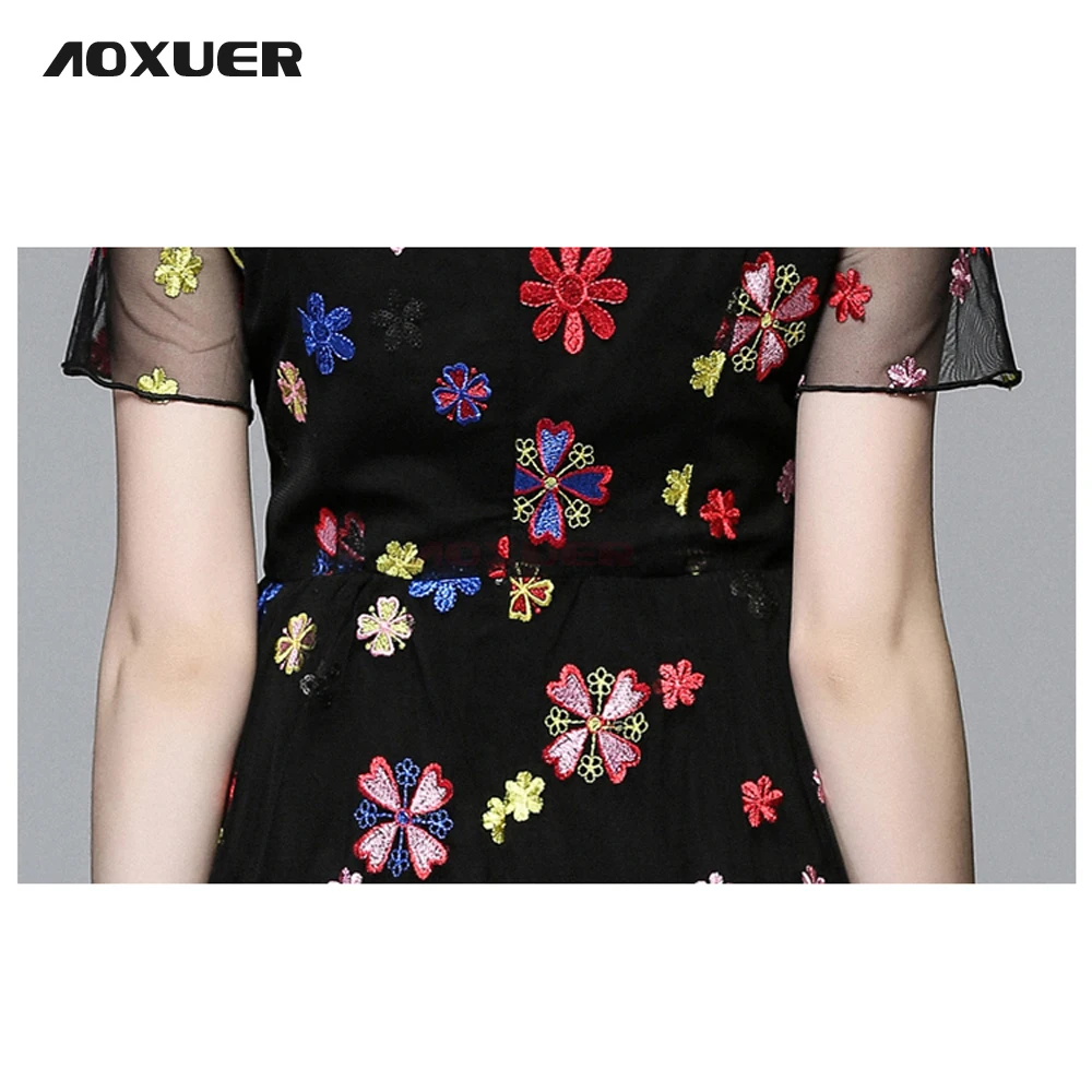 Aoxuer новые сетчатые вышивка уличные Повседневные платья Для женщин летние полые