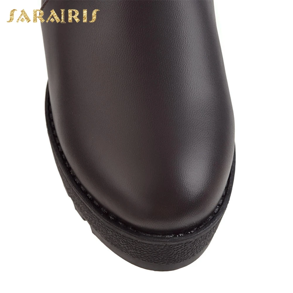 SARAIRIS/Большие размеры 34-43, платформа с пряжкой, клиновидный каблук, черные, белые сапоги до колена, женские осенне-зимние сапоги